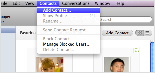 menu showing contacts and add contact options