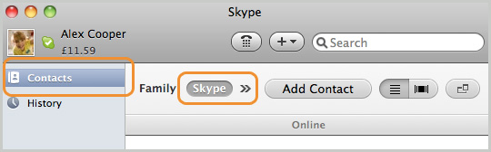 Contacts option in sidebar and Skype contact list