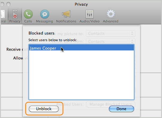 Select contact to unblock box