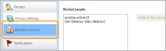 Privacy settings panel showing blocked contacts