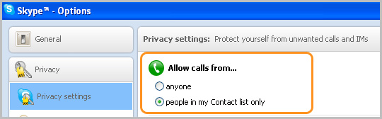 Privacy settings panel showing allow calls from options