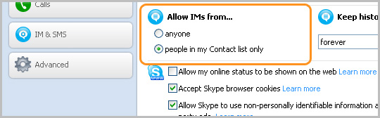 Privacy settings panel showing IM options