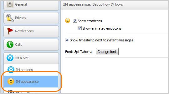 Options panel with IM appearance highlighted