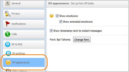 Options panel with IM appearance highlighted