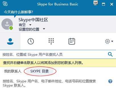 点击 Skype 目录时，便可搜索拥有 Skype 帐户的联系人。